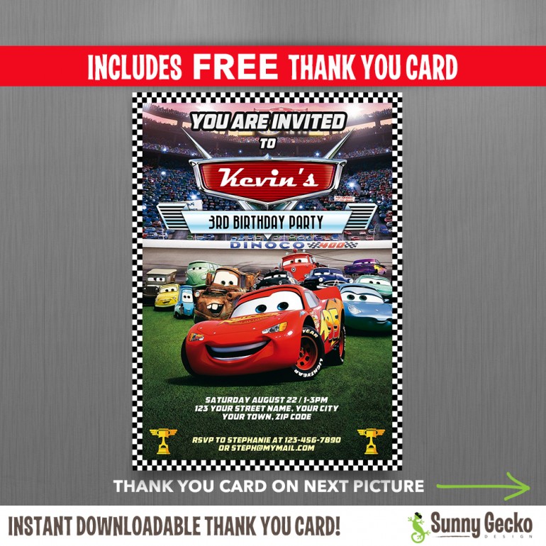 Cars Lightning McQueen Birthday Invitation with FREE editable Thank you Card